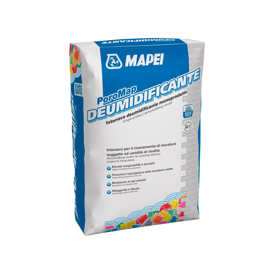 POROMAP DEUMIDIFICANTE, intonaco monoprodotto e monostrato composto da leganti idraulici speciali a reattività pozzolanica e resistenti ai sali solubili, sabbie naturali, aggregati leggeri, speciali additivi, a bassissima emissione di sostanze organiche volatili